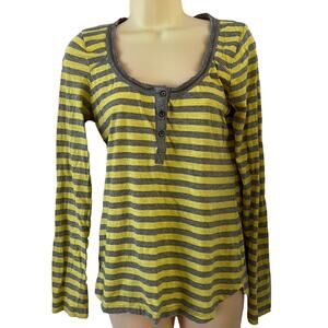 DKNY Jeans Size S Gray & Yellow Striped Knit Top Henley Convertible Sleeve Y2K